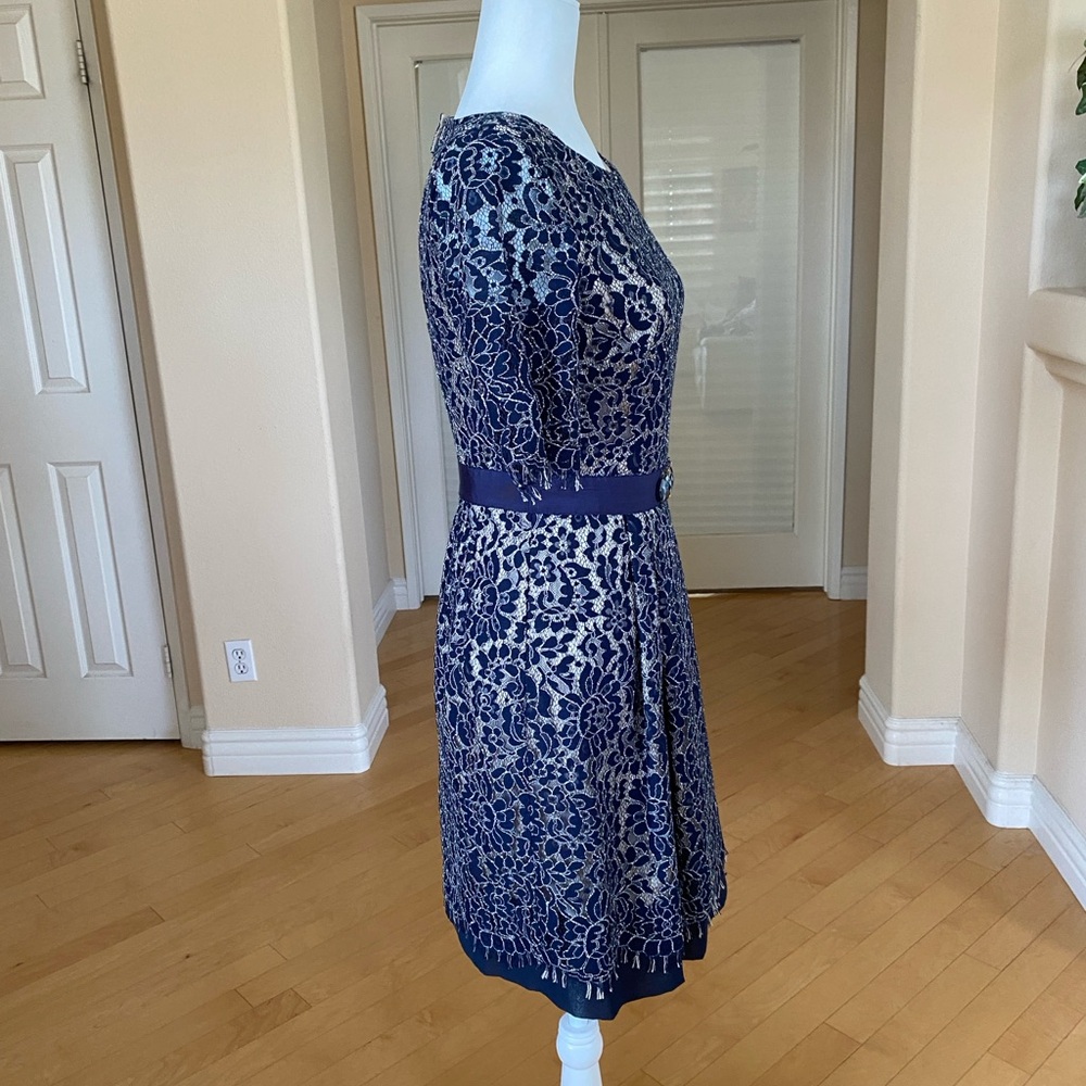 Eliza J Blue and Cream Lace A-line Mini Dress with 3/4 Sleeves - Picture 8 of 10